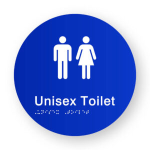 Unisex Toilet Braille Sign on a Tactile Printed Blue Acrylic Disk