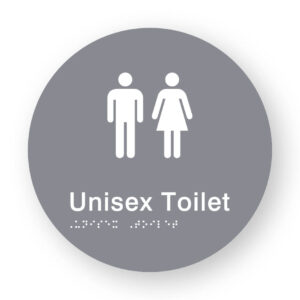 Unisex Toilet Braille Sign on a Tactile Printed Grey Acrylic Disk