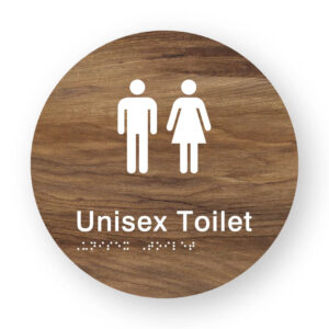 Unisex Toilet Braille Sign on a Tactile Printed Mid-Woodgrain Acrylic Disk