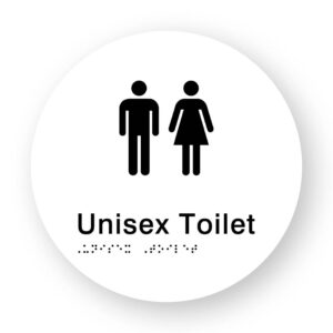 Unisex Toilet Braille Sign on a Tactile Printed White Acrylic Disk