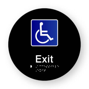 Accessible Exit Braille Sign on a Tactile Printed Black Acrylic Disk