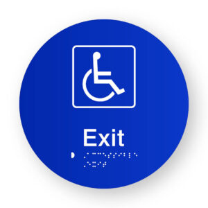 Accessible Exit Braille Sign on a Tactile Printed Blue Acrylic Disk