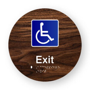 Accessible Exit Braille Sign on a Tactile Printed Dark Woodgrain Acrylic Disk
