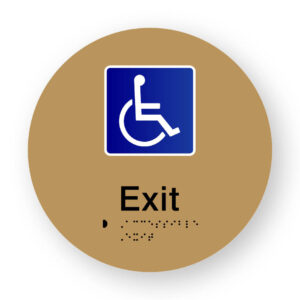 Accessible Exit Braille Sign on a Tactile Printed Gold Acrylic Disk