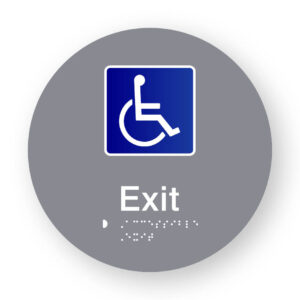 Accessible Exit Braille Sign on a Tactile Printed Grey Acrylic Disk