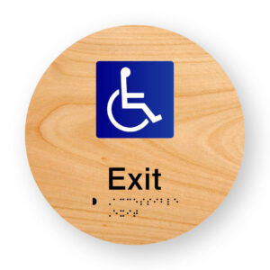 Accessible Exit Braille Sign on a Tactile Printed Woodgrain Acrylic Disk