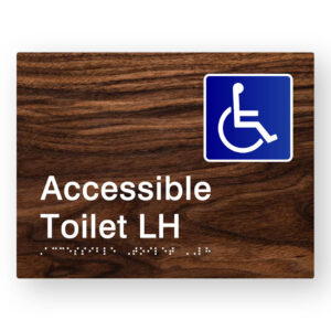 Accessible Toilet LH Braille Sign in Dark Woodgrain Tactile Printed Acrylic