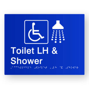 Accessible Toilet LH & Shower Braille Sign in Blue Tactile Printed Acrylic - Image 1