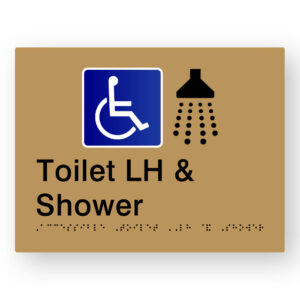 Accessible Toilet LH & Shower Braille Sign in Gold Tactile Printed Acrylic