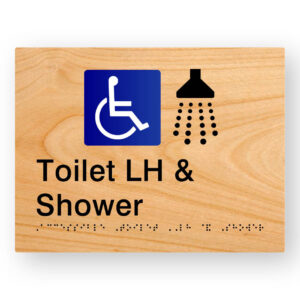 Accessible Toilet LH & Shower Braille Sign in Woodgrain Tactile Printed Acrylic