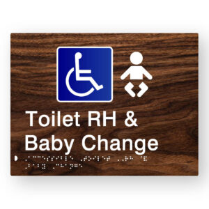 Accessible Toilet RH & Baby Change Braille Sign in Dark Woodgrain Tactile Printed Acrylic