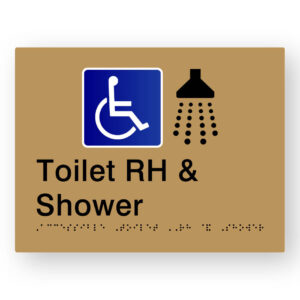 Accessible Toilet RH & Shower Braille Sign in Gold Tactile Printed Acrylic