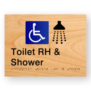 Accessible Toilet RH & Shower Braille Sign in Woodgrain Tactile Printed Acrylic