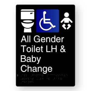 All Gender Accessible Toilet LH & Baby Change Braille Sign in Portrait Black Aluminium