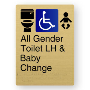 All Gender Accessible Toilet LH & Baby Change Braille Sign in Portrait Satin Brass Finish