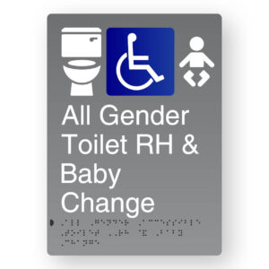 All Gender Accessible Toilet RH & Baby Change Braille Sign in Portrait Grey Aluminium