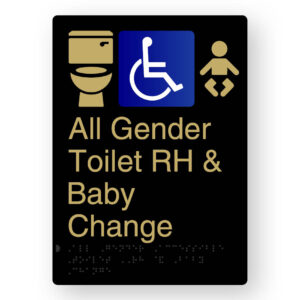 All Gender Accessible Toilet RH & Baby Change Braille Sign in Portrait Black & Satin Brass Finish