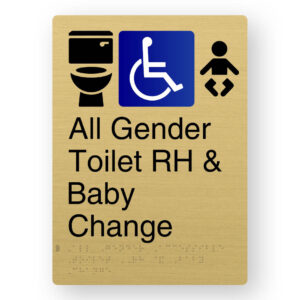 All Gender Accessible Toilet RH & Baby Change Braille Sign in Portrait Satin Brass Finish
