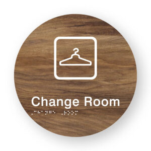 Change Room Braille Sign on a Tactile Printed Mid-Woodgrain Acrylic Disk