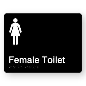 Female Toilet Braille Sign, White graphics on a Black Sign Panel