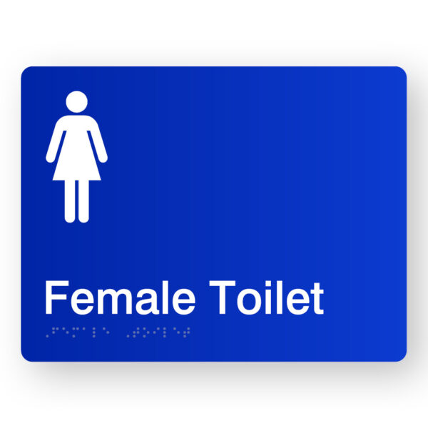 Female Toilet Blue Acrylic Braille Sign, Blue Sign Panel with White Female Symbol & Text that reads female Toilet