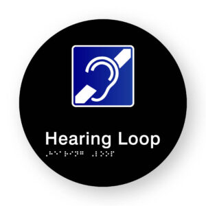 Hearing Loop Braille Sign on a Tactile Printed Black Acrylic Disk - Image 1