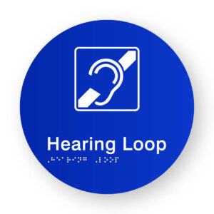 Hearing Loop Braille Sign on a Tactile Printed Blue Acrylic Disk - Image 1