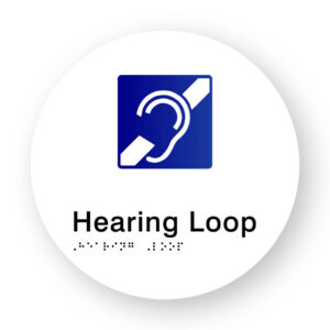 Hearing Loop Braille Sign on a Tactile Printed White Acrylic Disk - Image 1