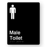 Male Toilet Braille Sign in Portrait Black Acrylic. Black Sign Panel with white male symbol & Text that reads Male Toilet