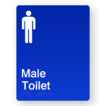 Male Toilet Portrait Blue Acrylic Braille Sign. Blue Sign panel with White Male Symbol & Text that reads Male Toilet