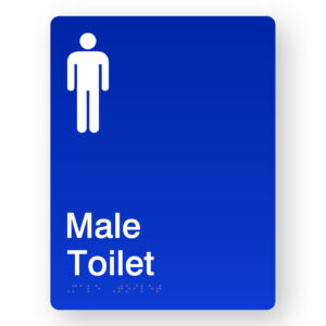 Male Toilet Portrait Blue Acrylic Braille Sign. Blue Sign panel with White Male Symbol & Text that reads Male Toilet