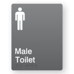 Male Toilet Portrait Grey Acrylic Braille Sign. Grey panel with White male Symbol & Text that reads Male Toilet