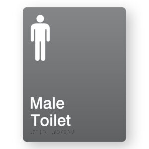 Male Toilet Portrait Grey Acrylic Braille Sign. Grey panel with White male Symbol & Text that reads Male Toilet