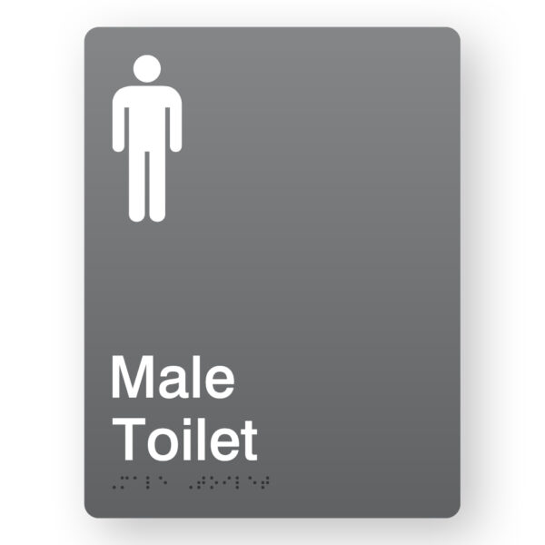 Male Toilet Braille Sign in Portrait Greuy Acrylic Male Toilet Portrait Grey Acrylic Braille Sign. Grey panel with White male Symbol & Text that reads Male Toilet