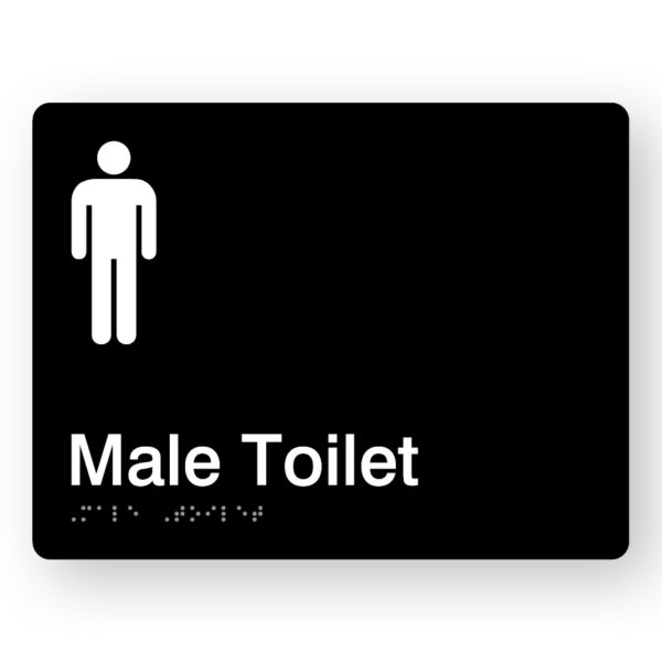 Male Toilet Black Acylic Braille Sign Male Toilet Brailel Sign in Black Acrylic. Black Sign panel, white male symbol & text that reads Male Toilet