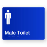 Male Toilet Braille Sign in Blue Acrylic. Blue Sign panel with White male Symbol & Text That reads Male toilet