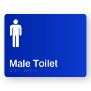 Male Toilet Braille Sign in Blue Acrylic. Blue Sign panel with White male Symbol & Text That reads Male toilet