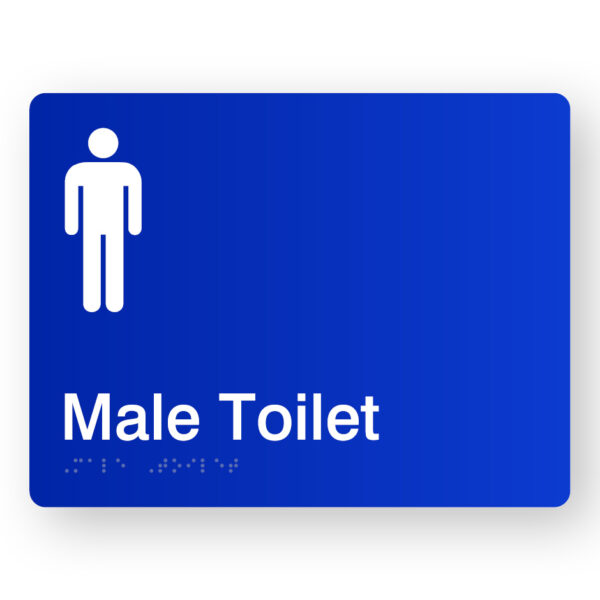 Bale Toilet Braille Sign in Blue Acrylic Male Toilet Braille Sign in Blue Acrylic. Blue Sign panel with White male Symbol & Text That reads Male toilet