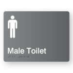 Male Toilet Braille Sign in Grey Acrylic. Grey Sign panel with White male Symbol & Text That reads Male toilet