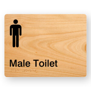 Male Toilet Braille Sign, woodgrain sign panel with black male symbol & text that reads Male Toilet