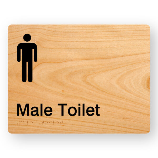 Male Toilet Braille Sign, woodgrain sign panel with black male symbol & text that reads Male Toilet