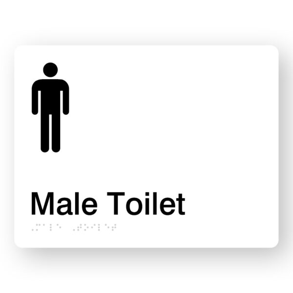 Male Toilet Braille Sign in White Acrylic Male Toilet Braille Sign in White Acrylic. White Sign panel with Black male Symbol & Text That reads Male toilet