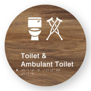 Toilet & Ambulant Toilet Braille Sign on a Tactile Printed Mid-Woodgrain Acrylic Disk - Image 1