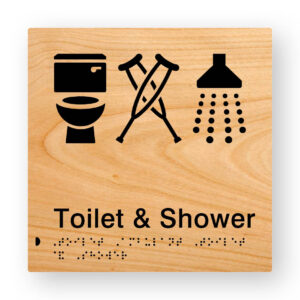 Toilet, Ambulant Toilet & Shower Braille Sign in Woodgrain Tactile Printed Acrylic - Image 1
