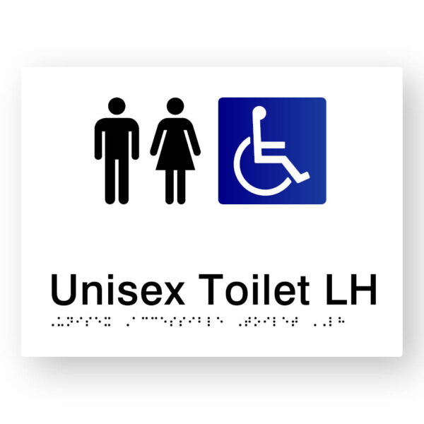 Unisex Accessible Toilet LH Braille Sign in Tactile Printed White Acrylic Unisex Accessible Toilet LH Braille Sign in Tactile Printed White Acrylic. White Sign Panel with Black male & Female Symbols, Accessible Symbol is White on Blue. Black text reads Unisex Toilet LH. White Braille text is Shown