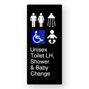 Unisex Accessible Toilet LH, Shower & Baby Change Braille Sign in XL Black Aluminium