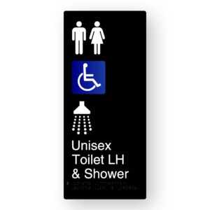 Unisex Accessible Toilet LH & Shower Braille Sign in XL Black Aluminium