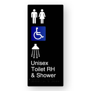 Unisex Accessible Toilet RH & Shower Braille Sign in XL Black Aluminium