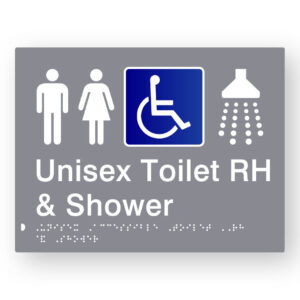 Unisex Accessible Toilet RH & Shower Braille Sign in Grey Tactile Printed Acrylic