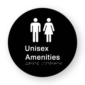 Unisex Amenities Braille Sign on a Tactile Printed Black Acrylic Disk - Image 1